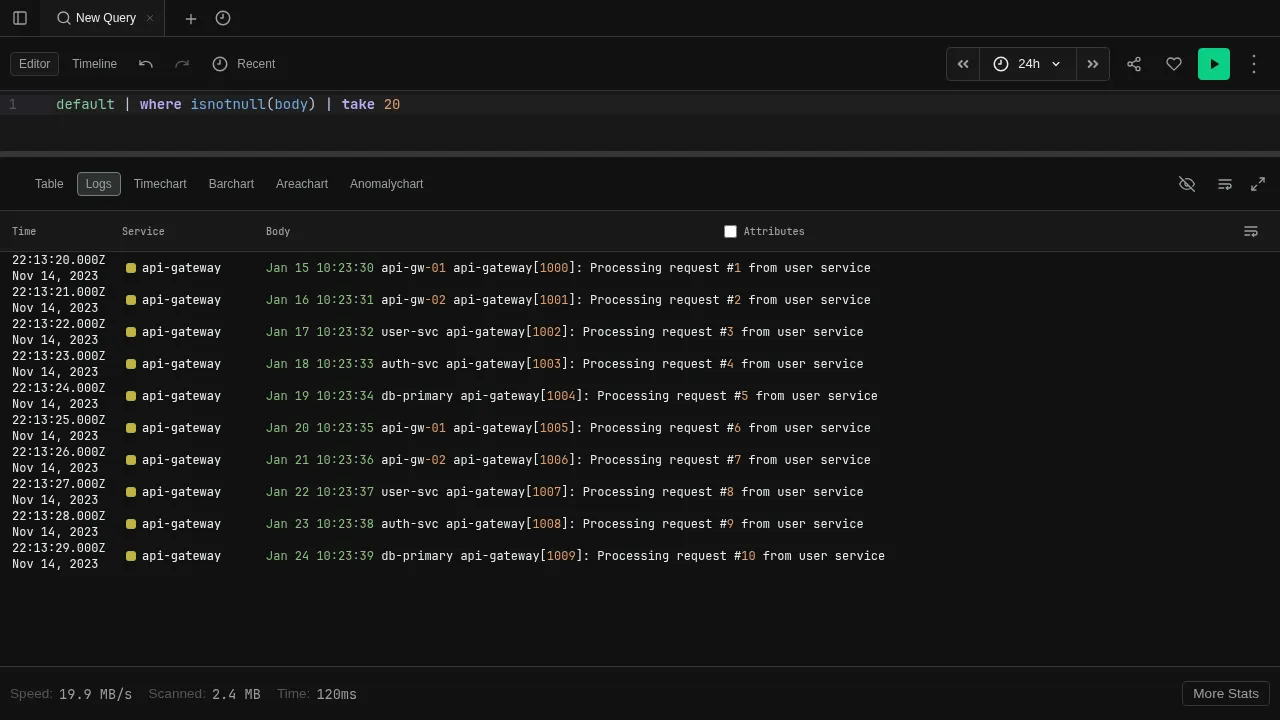 Logs view showing log entries with timestamps, service names, and message bodies